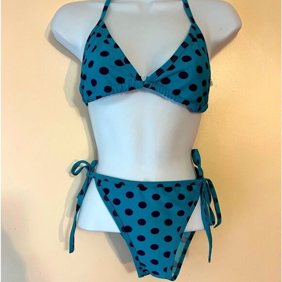 Teal and Navy Polka Dot String Bikini Sz OS - Picture 1 of 3